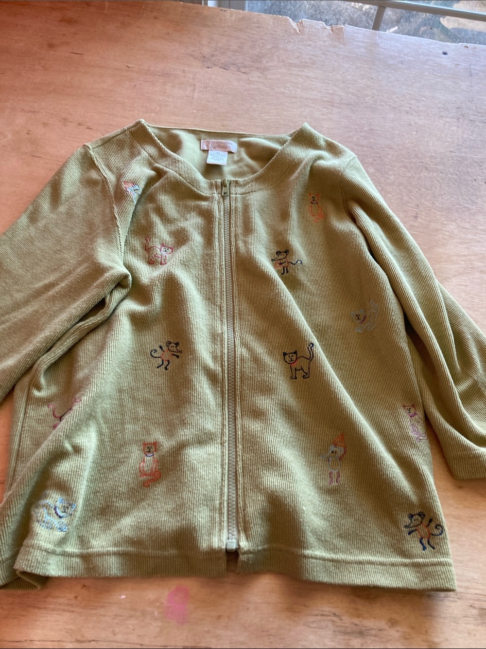 Christopher & Banks Olive Green Zip-Front Cardigan with Cat and mouse Embroidery